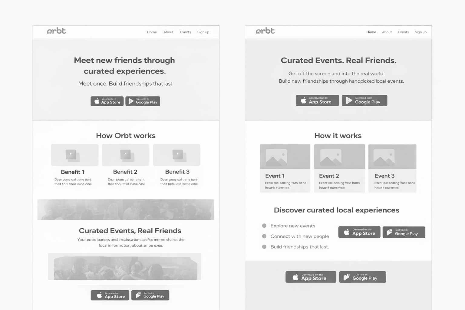 Orbt app wireframe designs 1